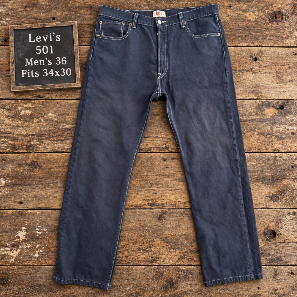 Levis 501 Mens Jeans 34x30 Dark Blue White Contrast Stitch Straight Leg EU